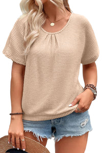 Beige Hollowed Lace Applique Plus Size Waffle T Shirt