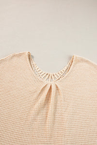 Beige Hollowed Lace Applique Plus Size Waffle T Shirt