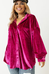 Chestnut Plus Size Velvet Chest Pocket Drop Shoulder Shirt