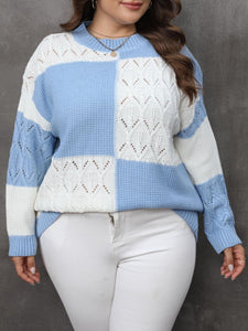 Plus Size Openwork Color Block Long Sleeve Sweater