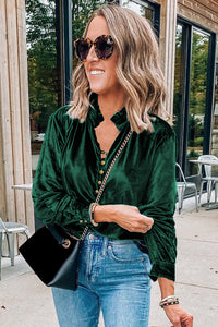 Blackish Green Frilled Neck Buttoned Front Velvet Top