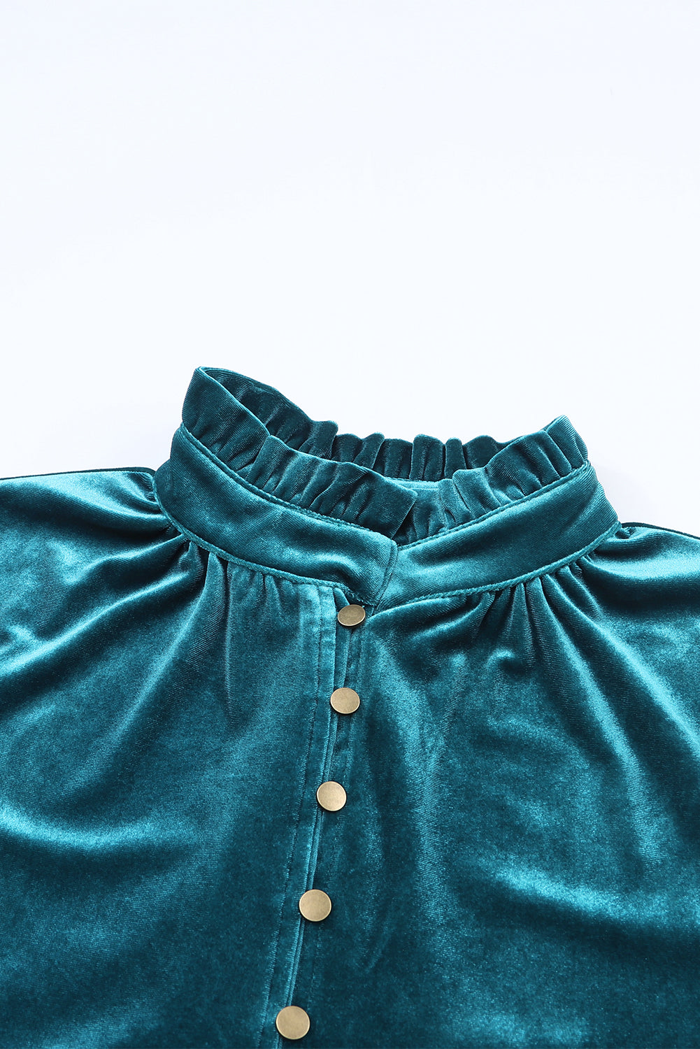 Blackish Green Frilled Neck Buttoned Front Velvet Top