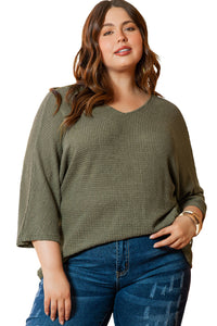 Jungle Green Plus Size V Neck Textured Knit Dolman Top