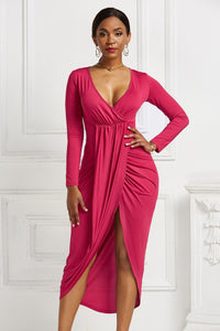 High-low Ruched Surplice Long Sleeve Dress