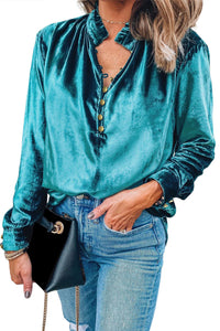 Blackish Green Frilled Neck Buttoned Front Velvet Top