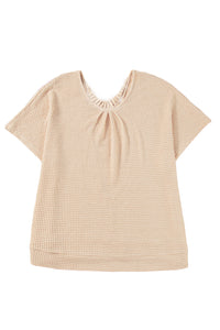 Beige Hollowed Lace Applique Plus Size Waffle T Shirt