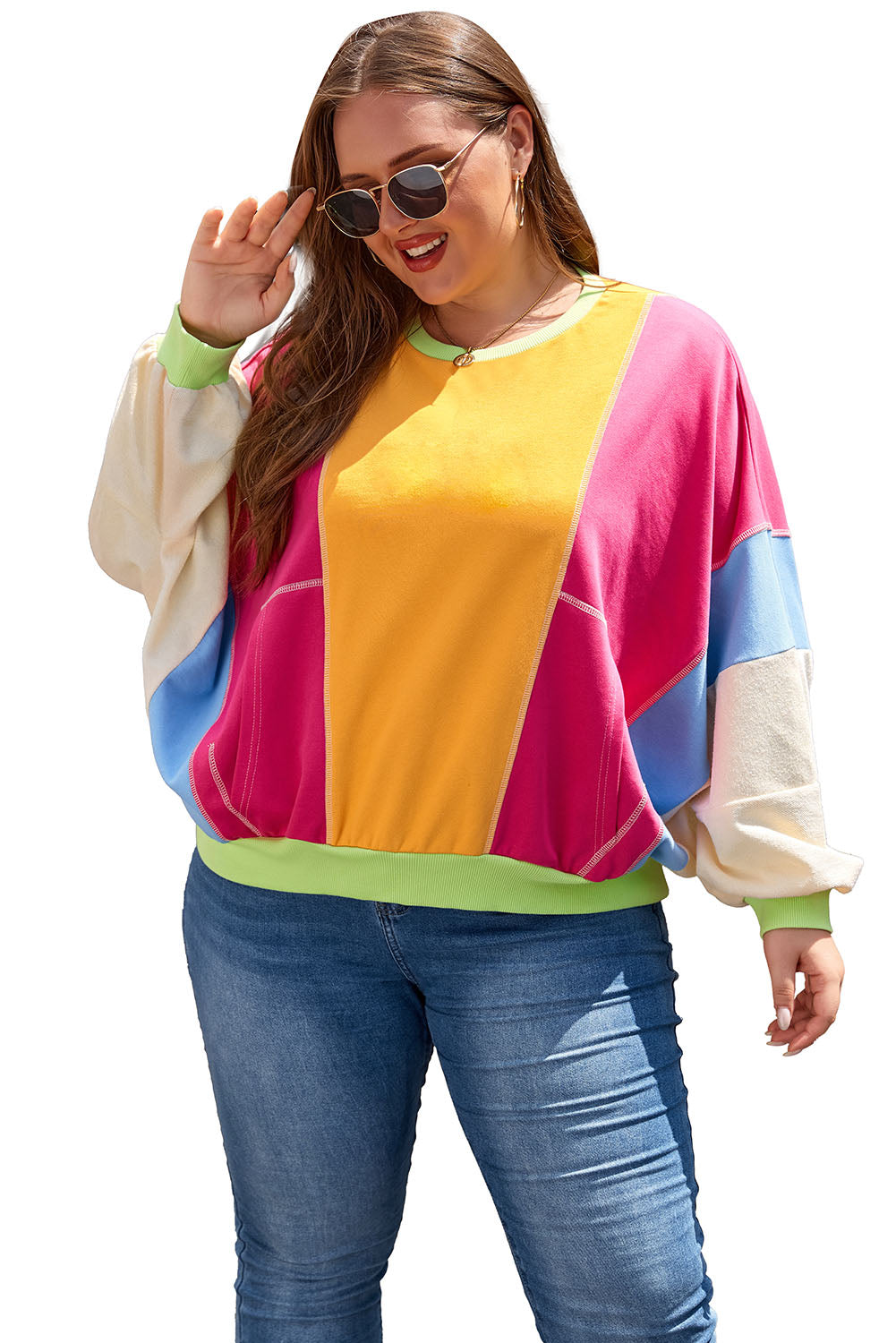 Rose Red Plus Size Colorblock Patchwork Exposed Seam Sweatshirt