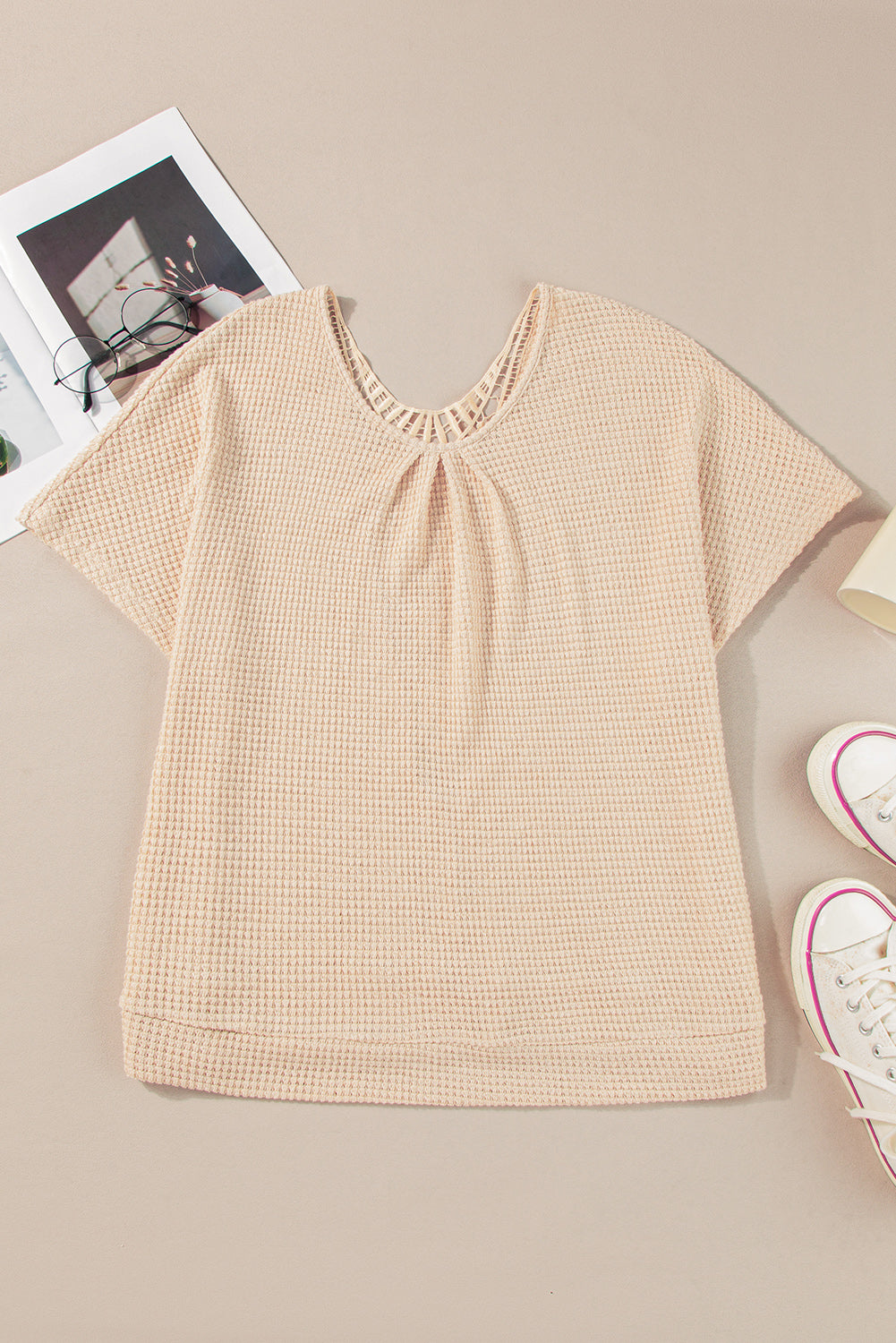 Beige Hollowed Lace Applique Plus Size Waffle T Shirt