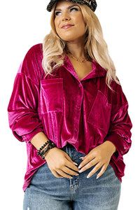 Chestnut Plus Size Velvet Chest Pocket Drop Shoulder Shirt