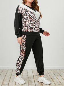 Plus Size Leopard Sweatshirt and Sweatpants Set